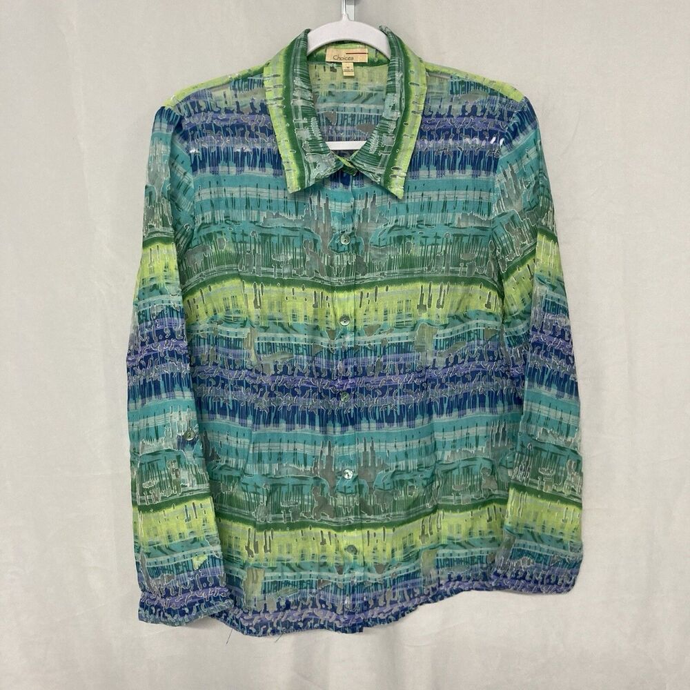 CHOICES mutlicolor burnout long sleeve rayon nylon button up top M